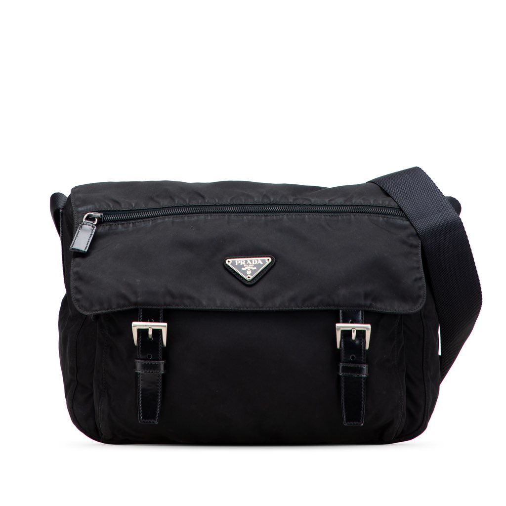 Prada Tessuto Zip Double Buckle Messenger Bag