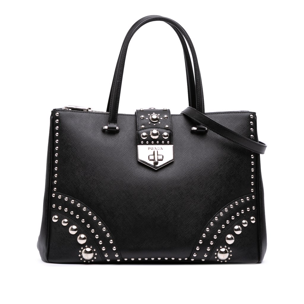 Prada Saffiano Turnlock Double Zip Studded Tote