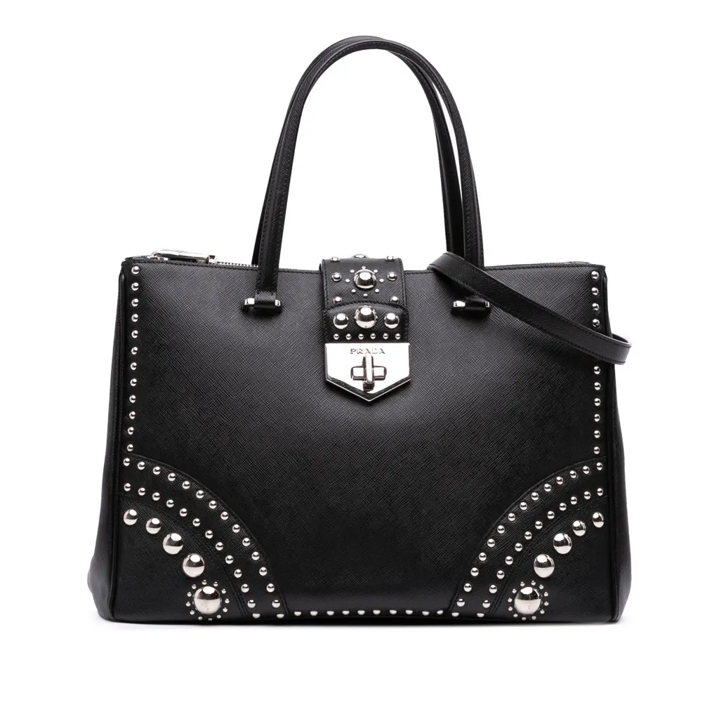 Prada Saffiano Turnlock Double Zip Studded Tote Black Leather Good - Front View