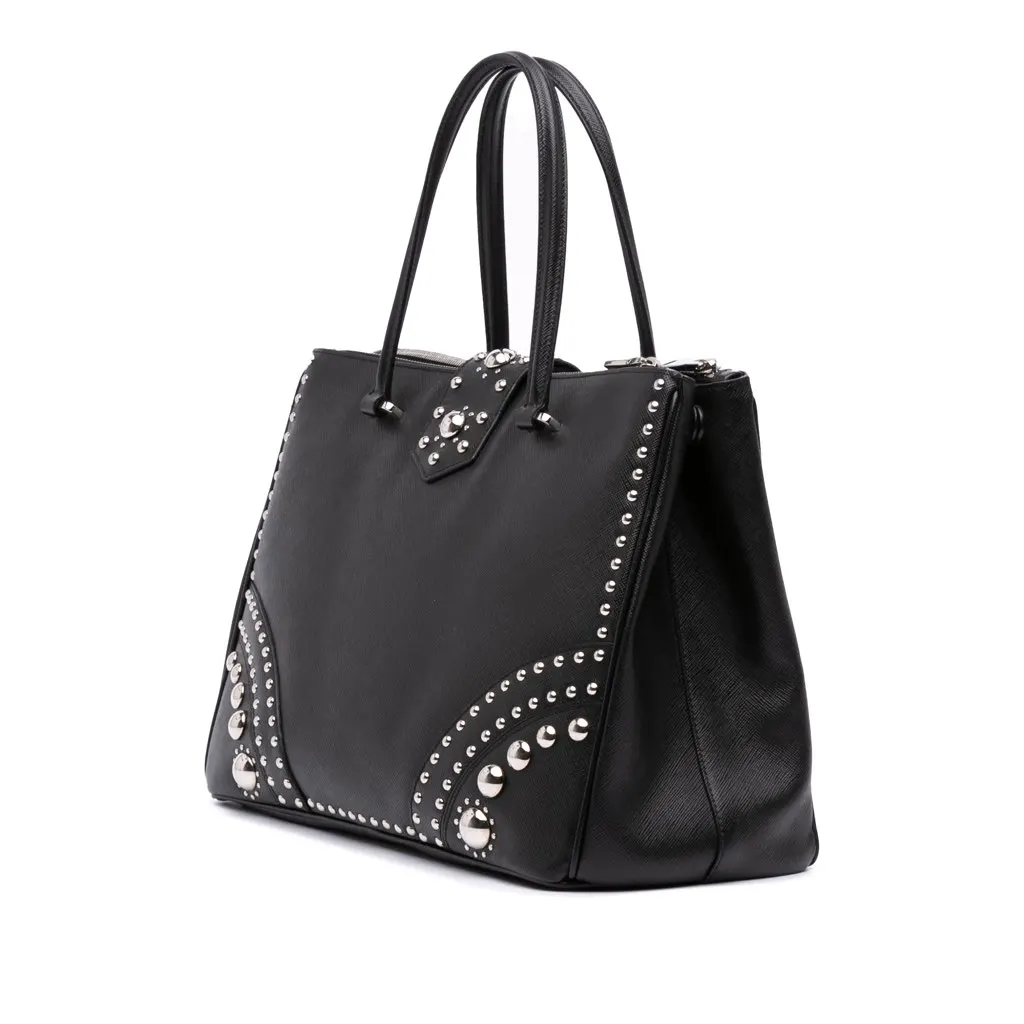 Prada Saffiano Turnlock Double Zip Studded Tote Black Leather Good - Back View
