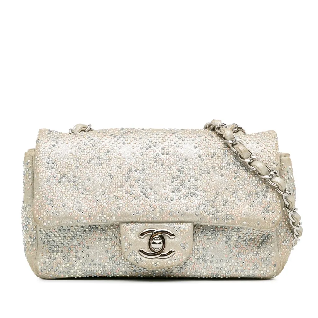 Chanel Mini Iridescent and Studded Calfskin Flap Silver Leather Good - Front View