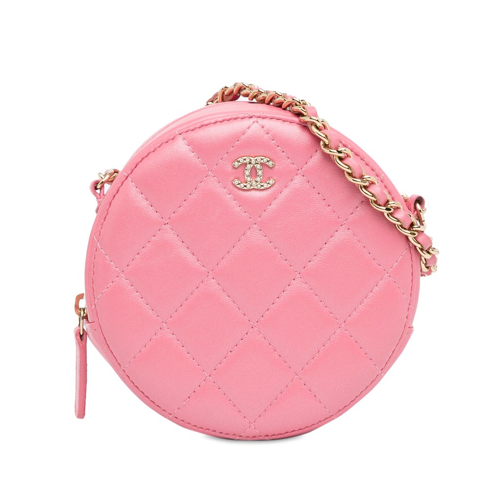 Chanel CC Quilted Lambskin Pearl Crush Round Clutch with Chain