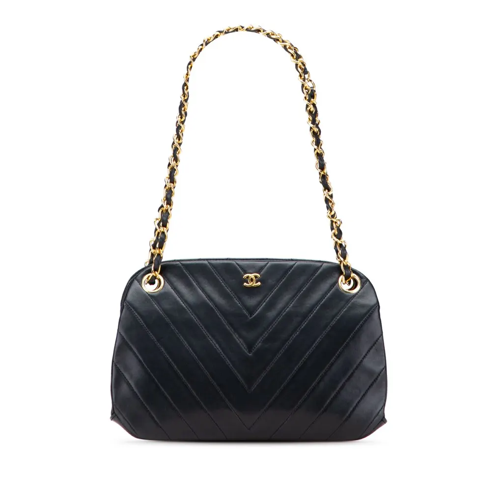 Chanel CC Chevron Quilted Lambskin Kiss Lock Shoulder Bag Black Leather Good - Front View