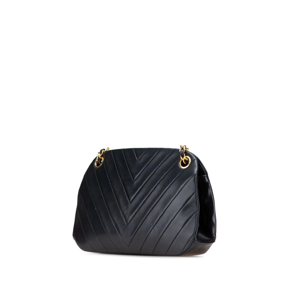 Chanel CC Chevron Quilted Lambskin Kiss Lock Shoulder Bag Black Leather Good - Back View