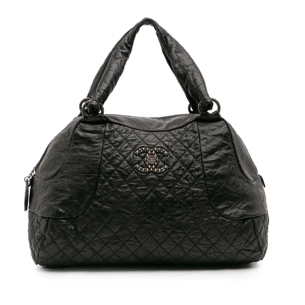 Chanel CC Quilted Aged Calfskin Coco Rider Bowling Bag Black Leather Good - Front View