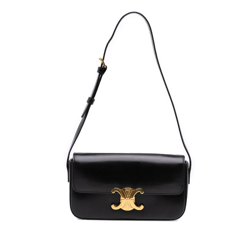 Celine Shiny Calfskin Claude Shoulder Bag Black Leather Good - Front View