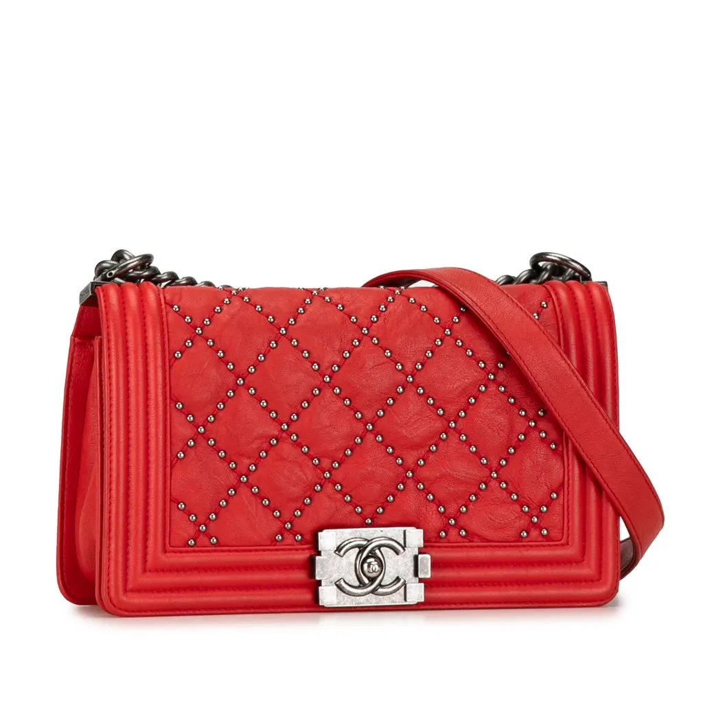 Chanel Old Medium Quilted Crumpled Calfskin Studded Boy Flap Red Leather Good - Back View