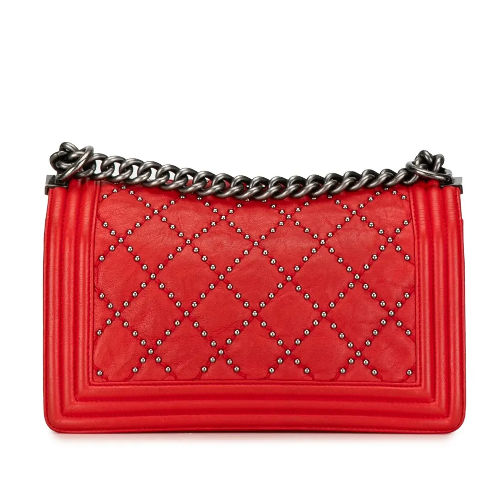 Chanel Old Medium Quilted Crumpled Calfskin Studded Boy Flap Red Leather Good - Inside View