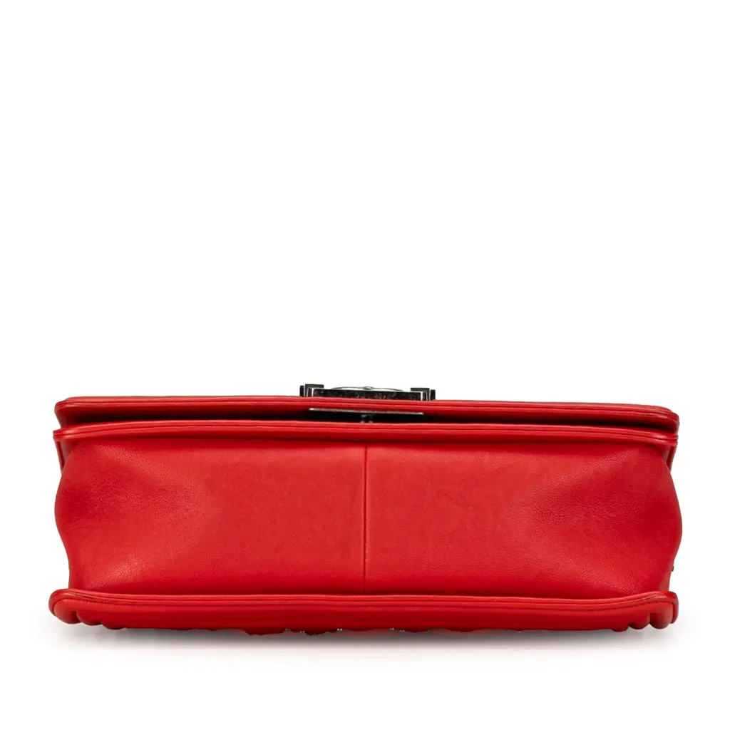 Chanel Old Medium Quilted Crumpled Calfskin Studded Boy Flap Red Leather Good - Model View