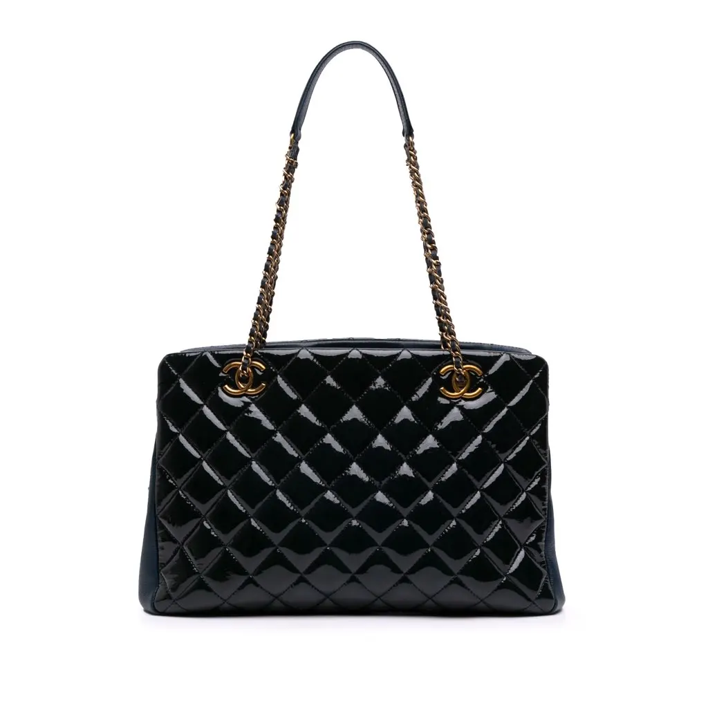 Chanel Paris Salzburg Patent and Goatskin CC Eyelet Tote Blue Leather Good - Front View