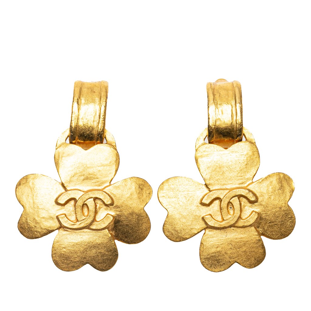Chanel Gold Plated CC Clover Clip on Earrings