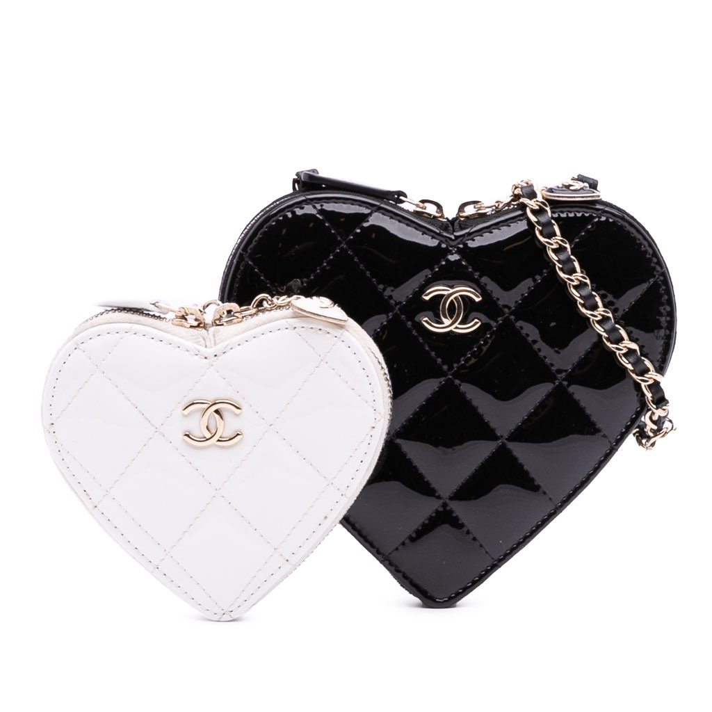 Chanel Quilted Patent Calfskin CC Heart Clutch With Chain