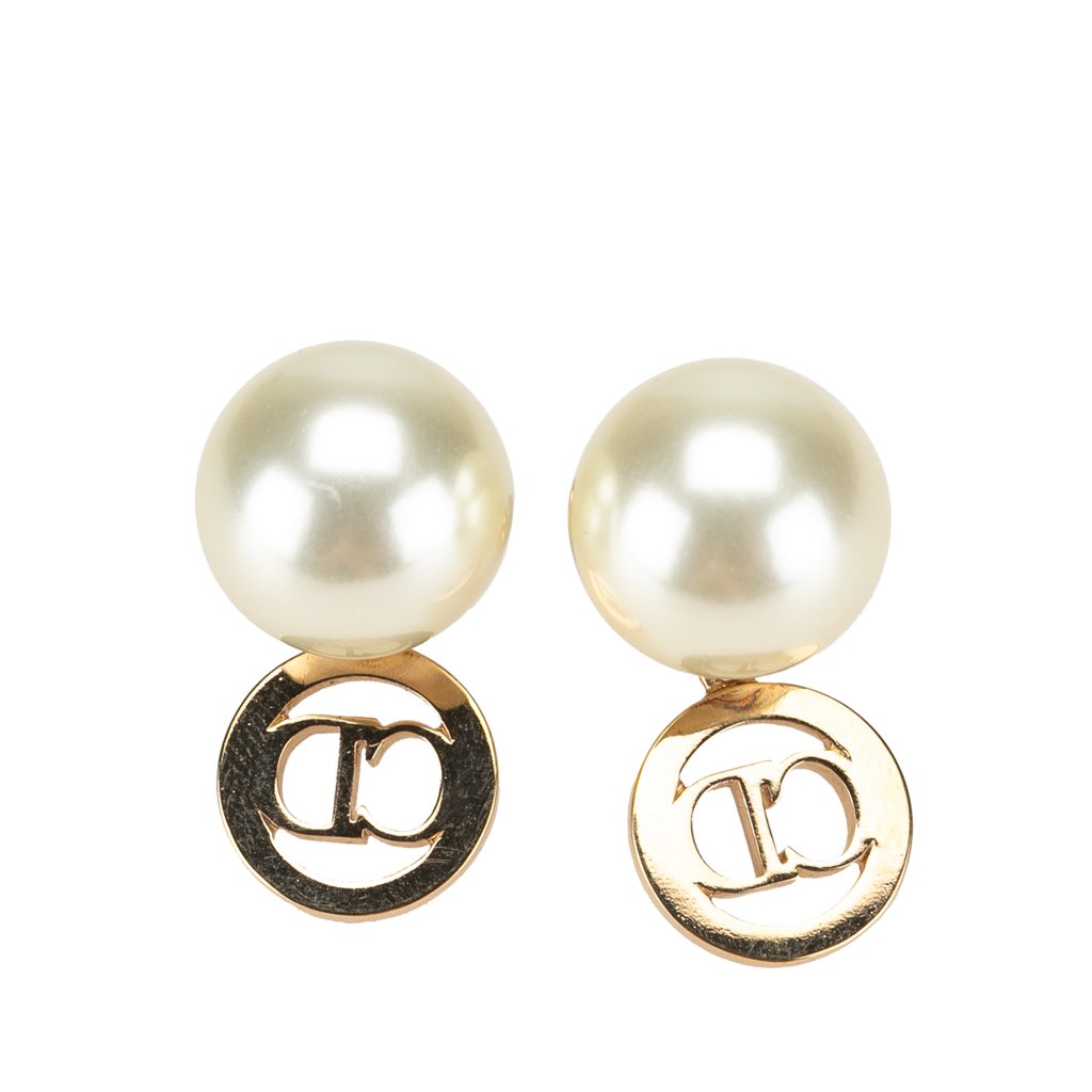 Dior Faux Pearl and Crystal Logo Tribales Drop Push Back Earrings - 2