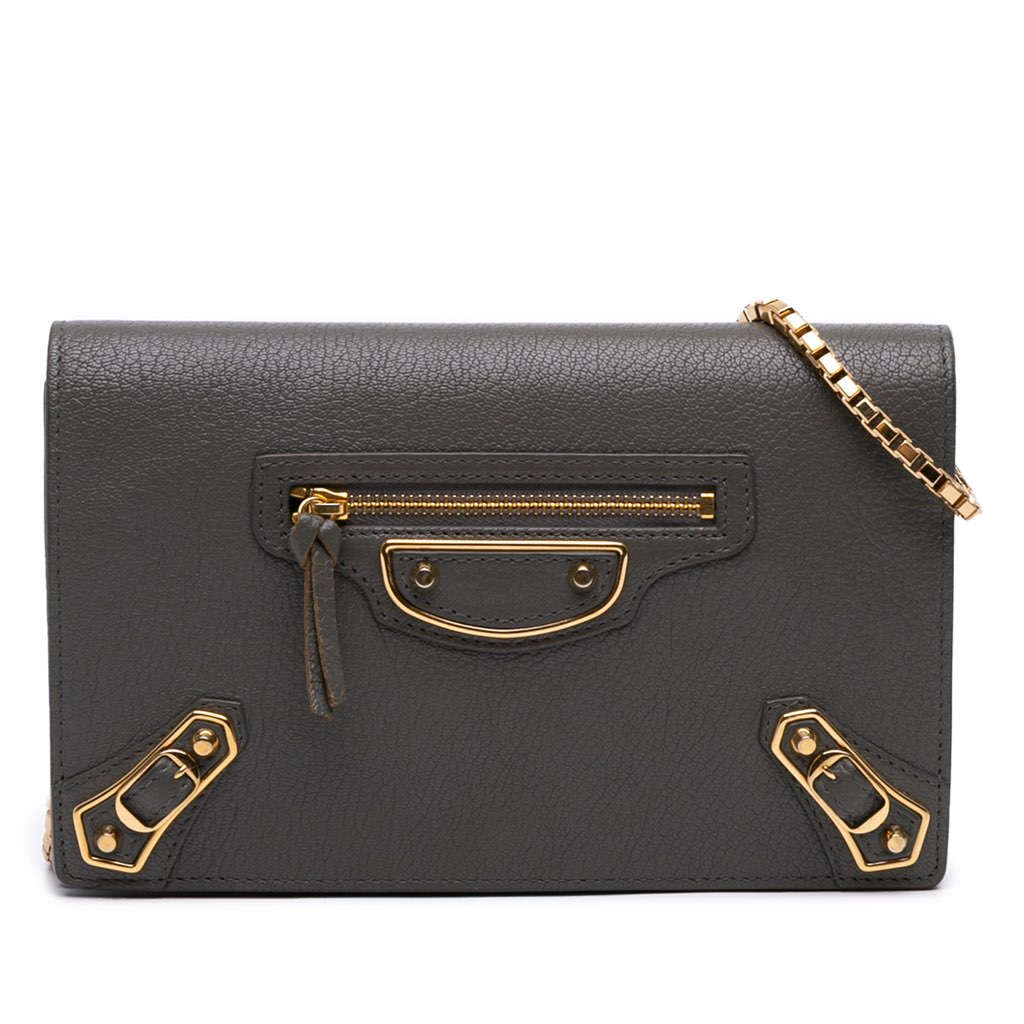 Balenciaga Chevre Motocross Metallic Edge Wallet on Chain