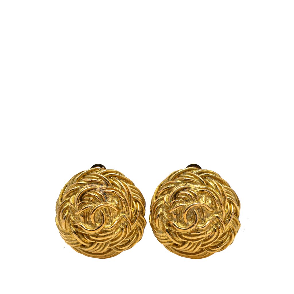 Chanel Gold Plated CC Quilted Round Clip On Earrings