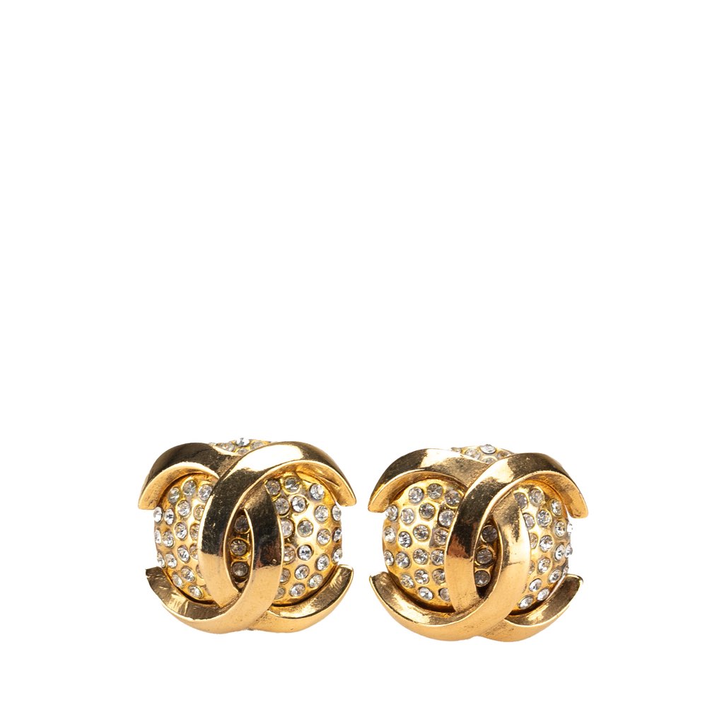 Chanel Gold Plated CC Rhinestone Clip On Earrings