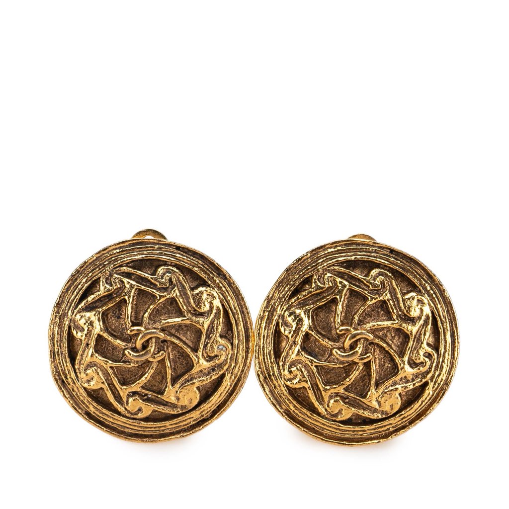 Chanel Gold Plated CC Swirl Button Clip on Earrings