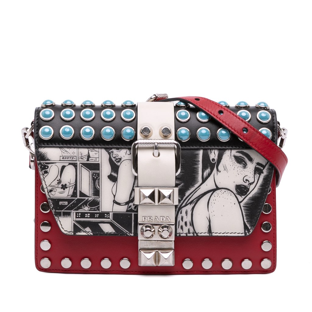 Prada City Calfskin Comic Print Studded Elektra Crossbody