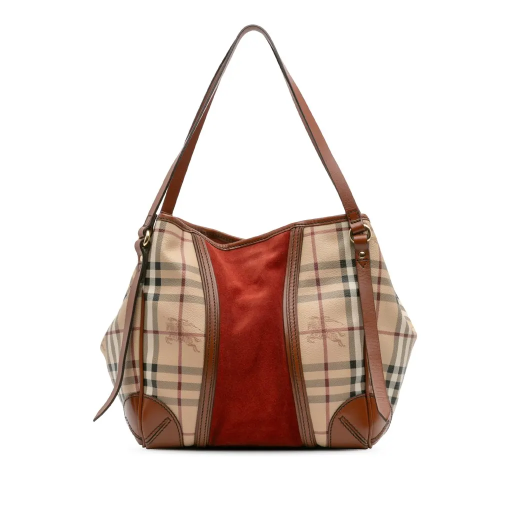 Burberry Small Suede Trimmed Haymarket Check Coated Canvas Canterbury Tote Brown Canvas Good - Front View