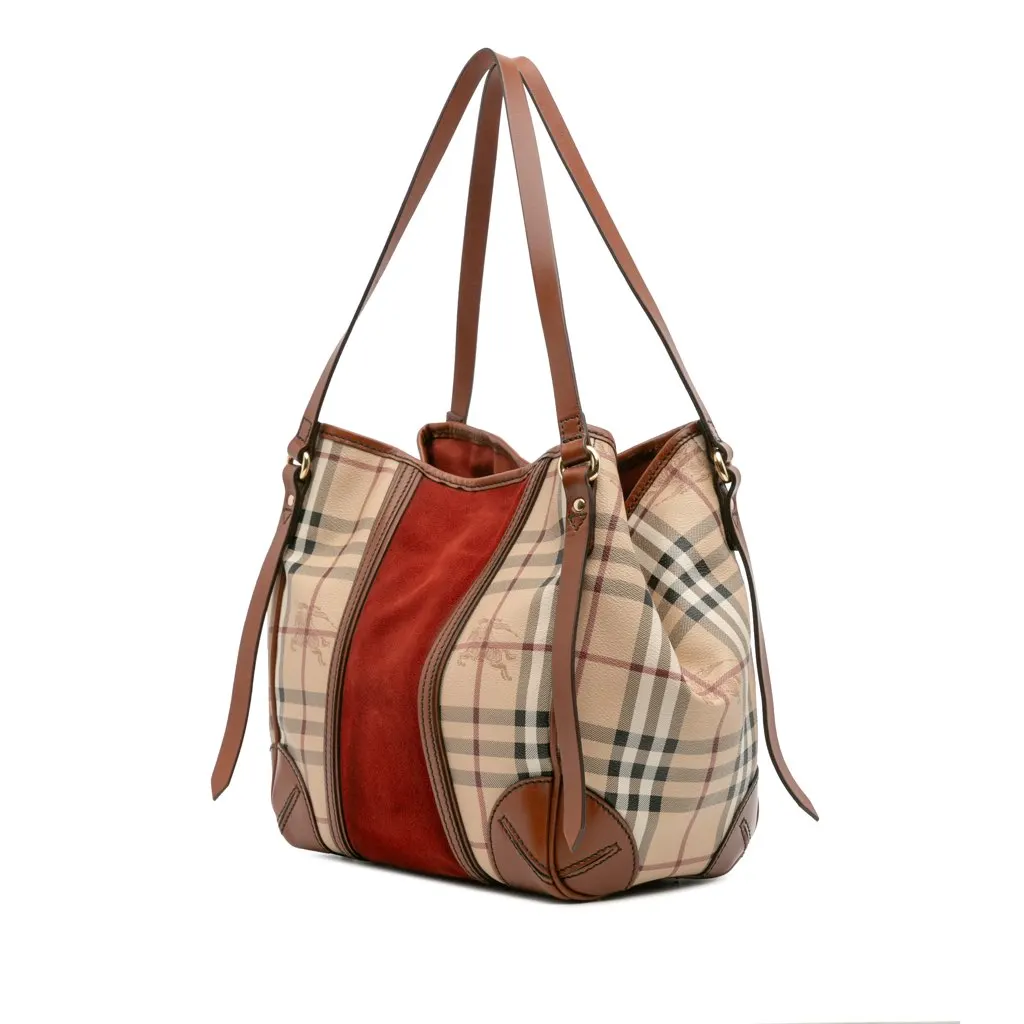 Burberry Small Suede Trimmed Haymarket Check Coated Canvas Canterbury Tote Brown Canvas Good - Back View