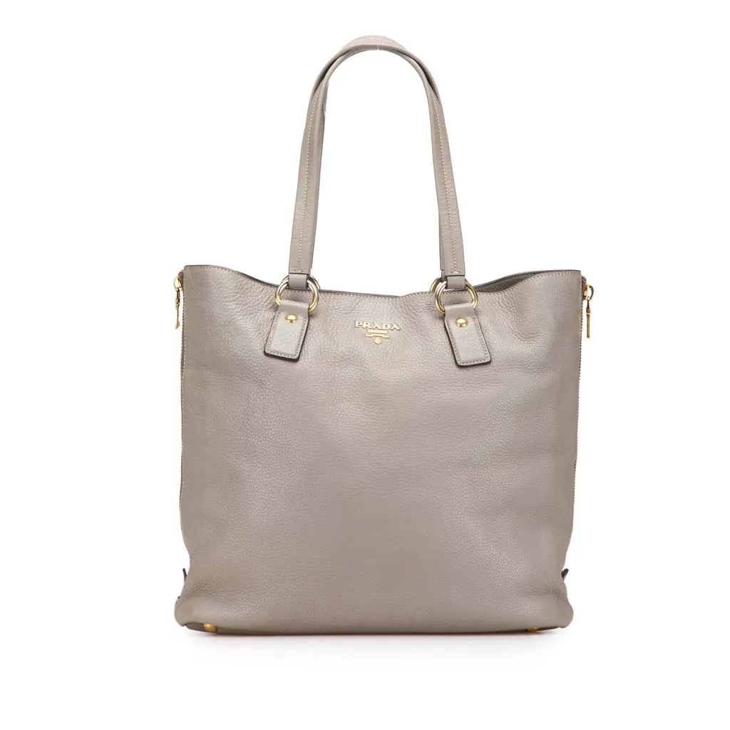 Prada Vitello Daino Side Zip Shopper Tote Grey Leather Very good - Front View