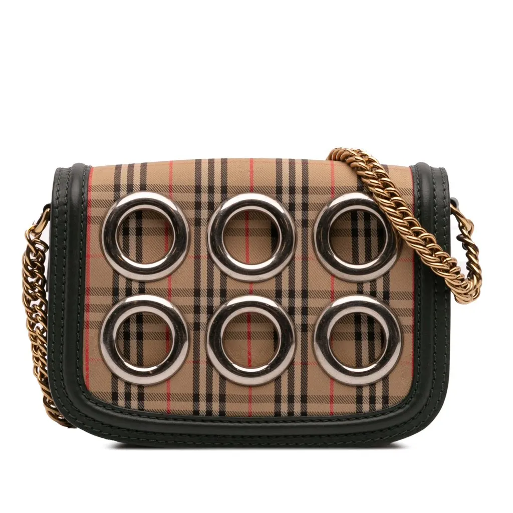 Burberry 1983 Knight Check Canvas and Smooth Calfskin Grommet Chain Crossbody Brown Canvas Good - Front View