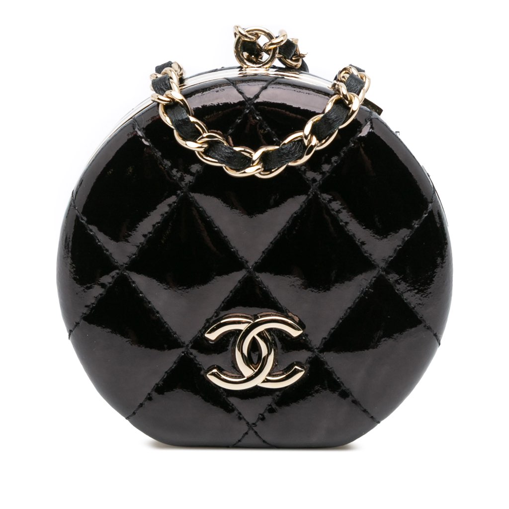 Chanel Quilted Patent Round Mirror Chain Necklace