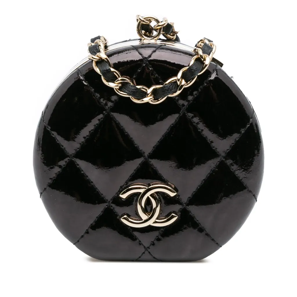 Chanel Quilted Patent Round Mirror Chain Necklace Black Leather Very good - Front View