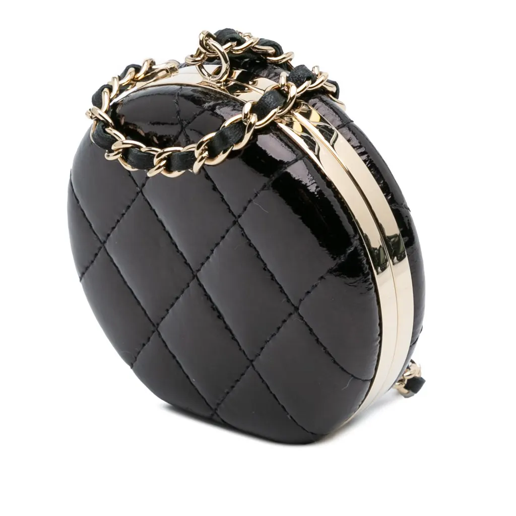 Chanel Quilted Patent Round Mirror Chain Necklace Black Leather Very good - Back View