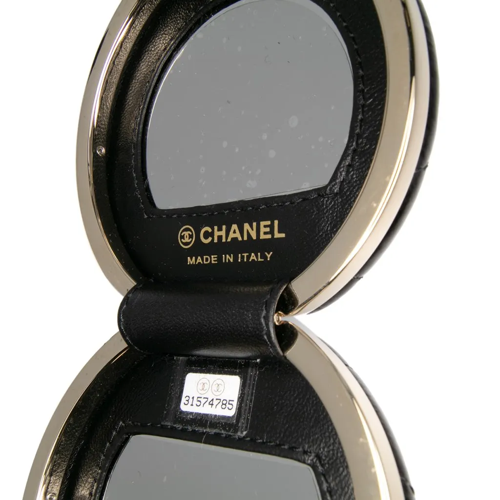 Chanel Quilted Patent Round Mirror Chain Necklace Black Leather Very good - Box View