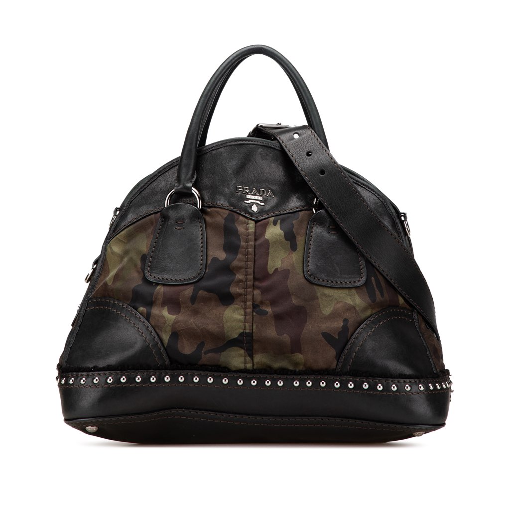Prada Lambskin Trimmed Tessuto Stampato Camouflage Dome Satchel