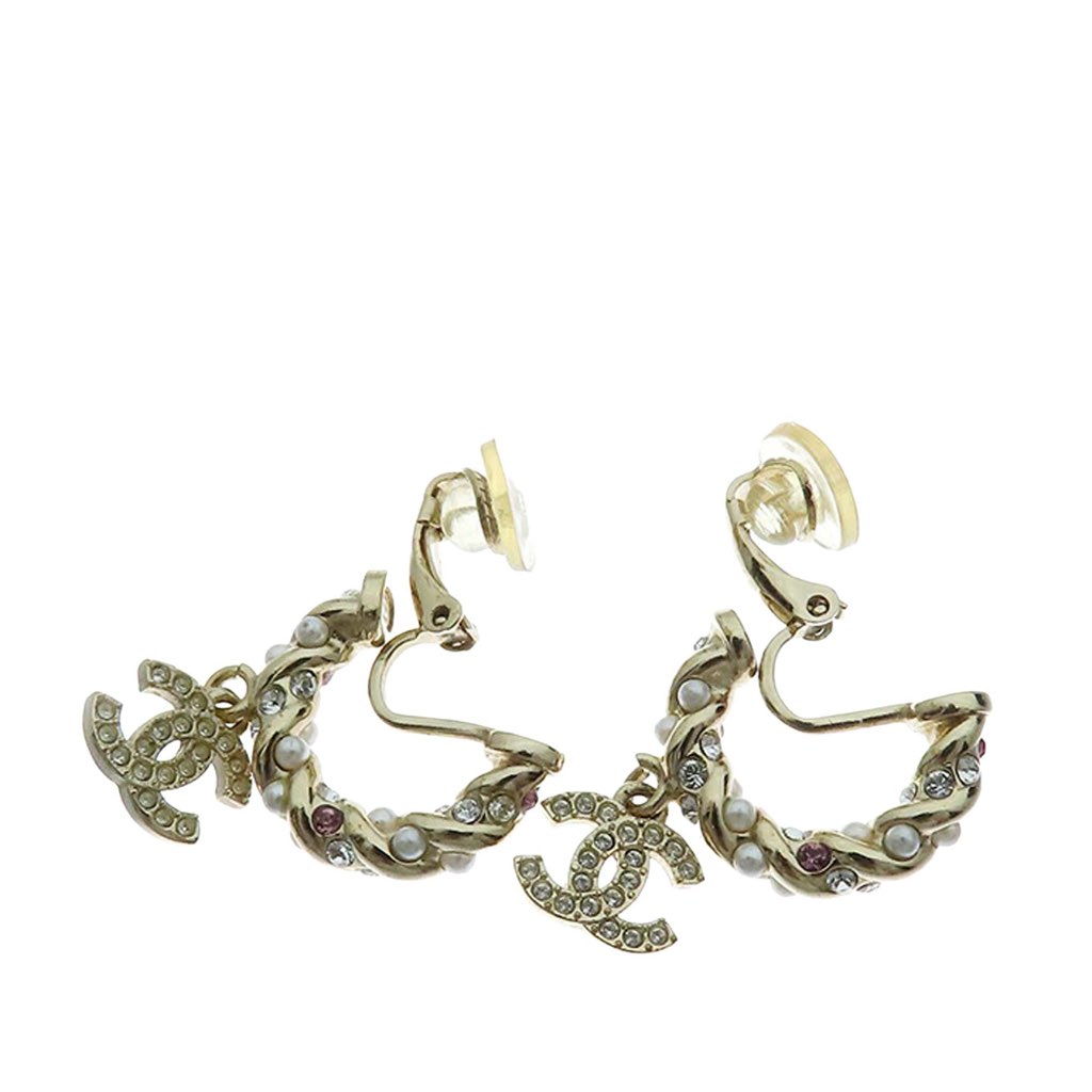 Chanel CC Gold Plated Faux Pearl and Rhinestone Drop Clip on Earrings - 2