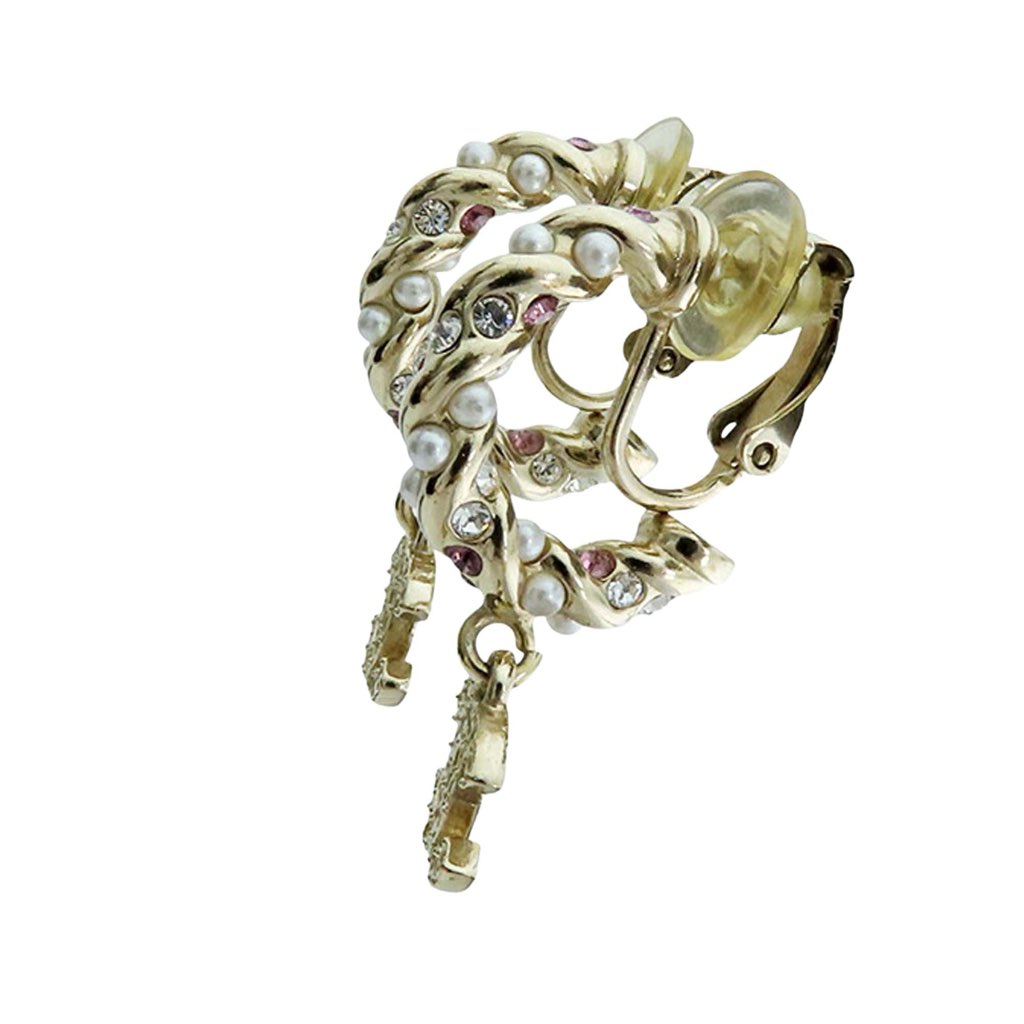 Chanel CC Gold Plated Faux Pearl and Rhinestone Drop Clip on Earrings - 3