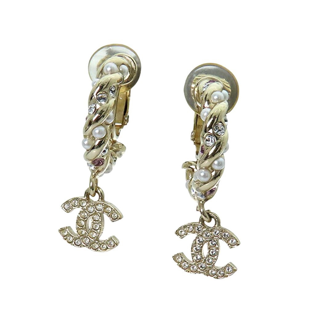 Chanel CC Gold Plated Faux Pearl and Rhinestone Drop Clip on Earrings - 4
