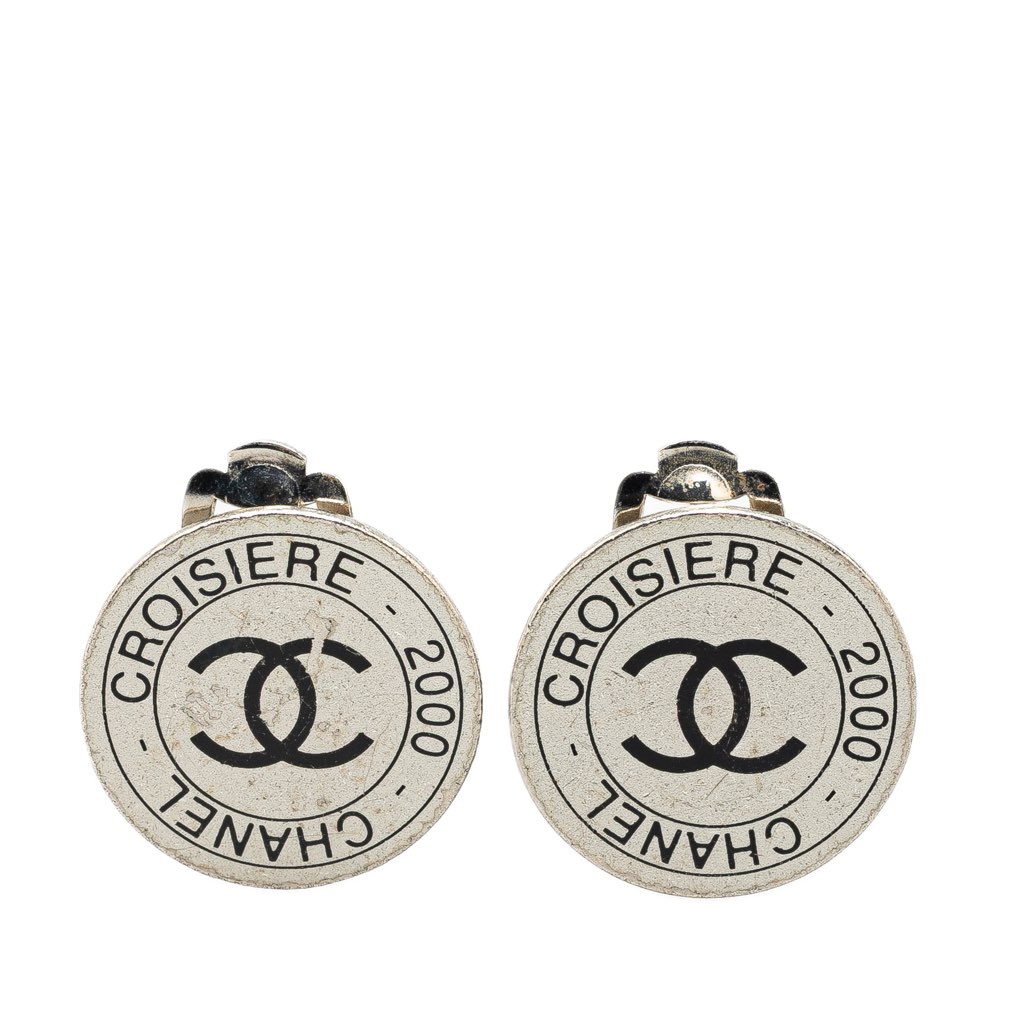 Chanel Silver Cruise CC Logo Disc Clip on Earrings