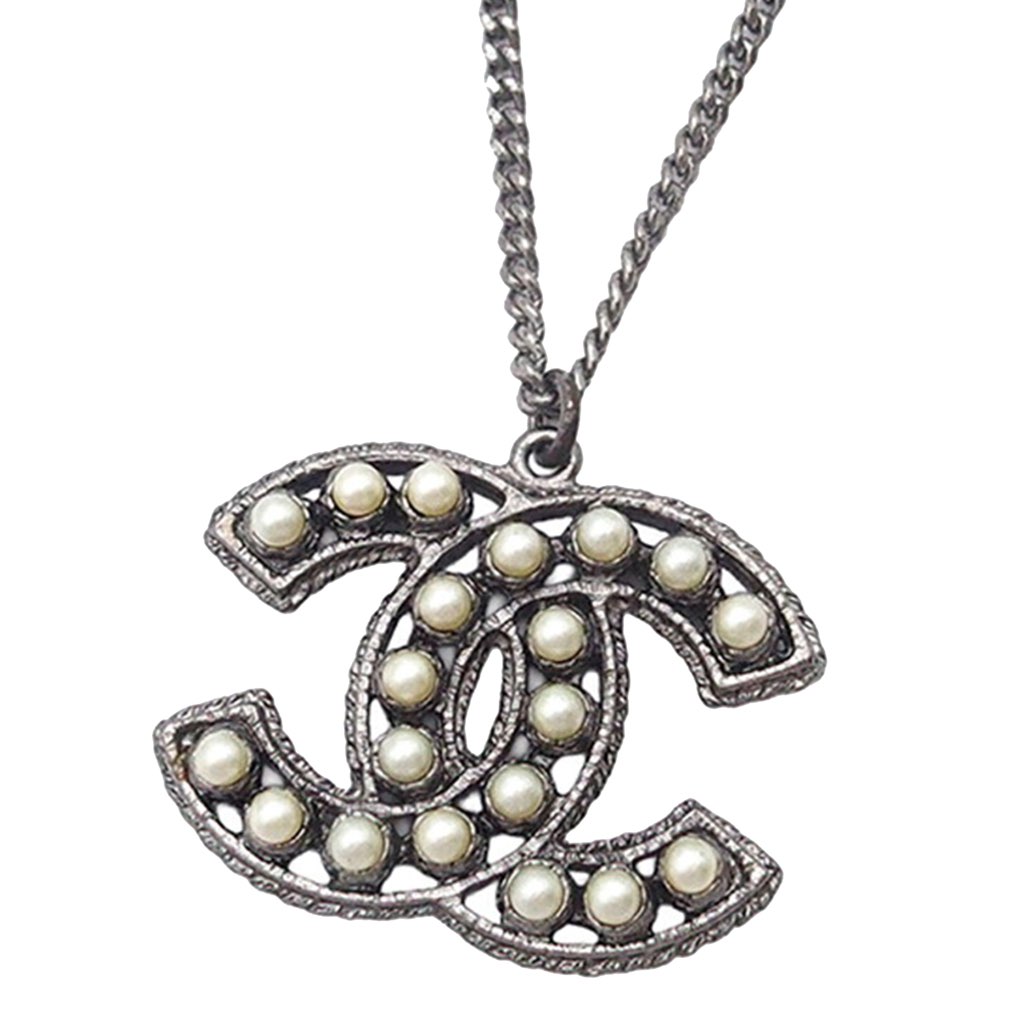 Chanel CC Silver Plated Faux Pearl Pendant Necklace - 2