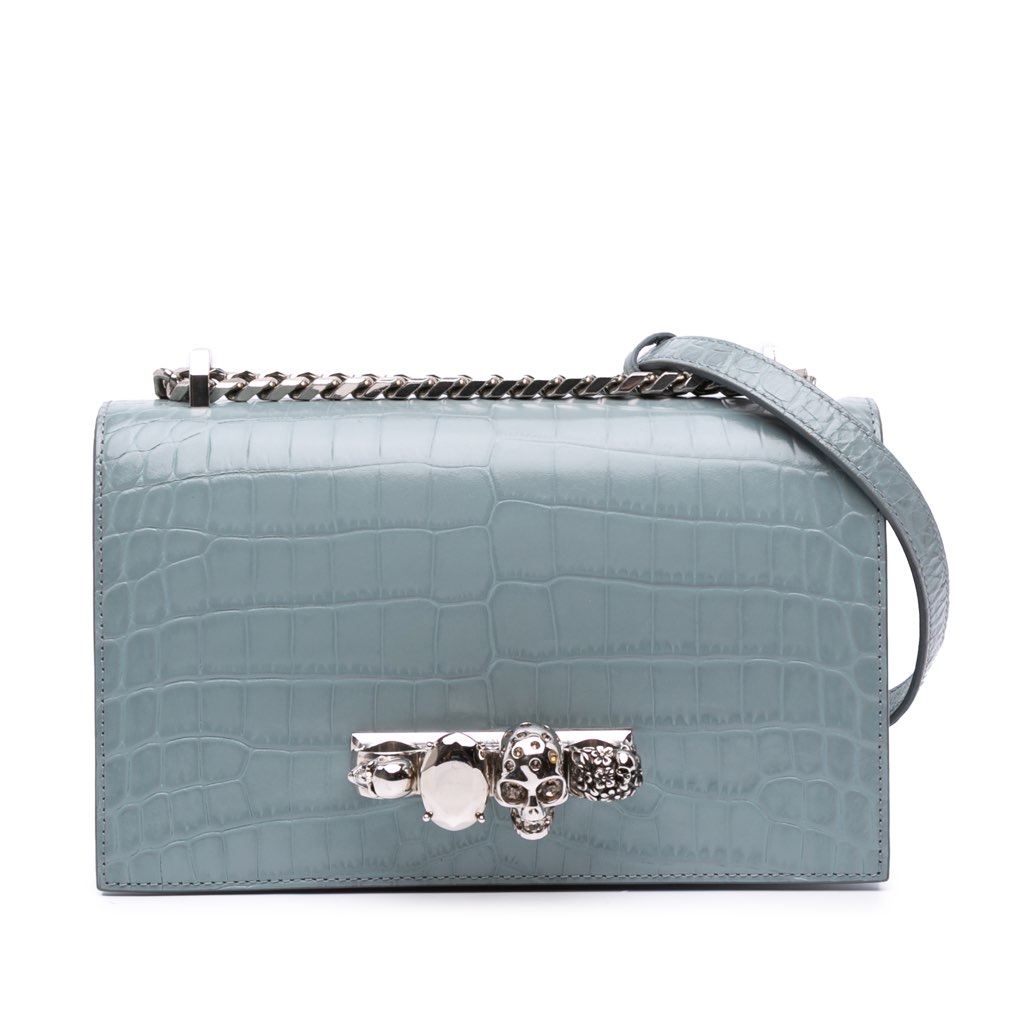 Alexander Mcqueen Croc Embossed Calfskin Skull Knuckle Duster Crossbody