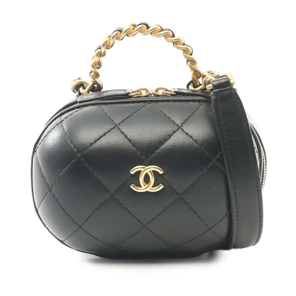 Chanel Quilted Lambskin CC Bubble Vanity Case With Chain Black Leather Good - Front View