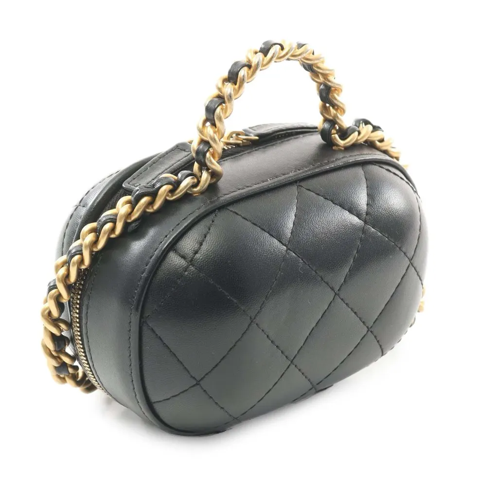 Chanel Quilted Lambskin CC Bubble Vanity Case With Chain Black Leather Good - Back View