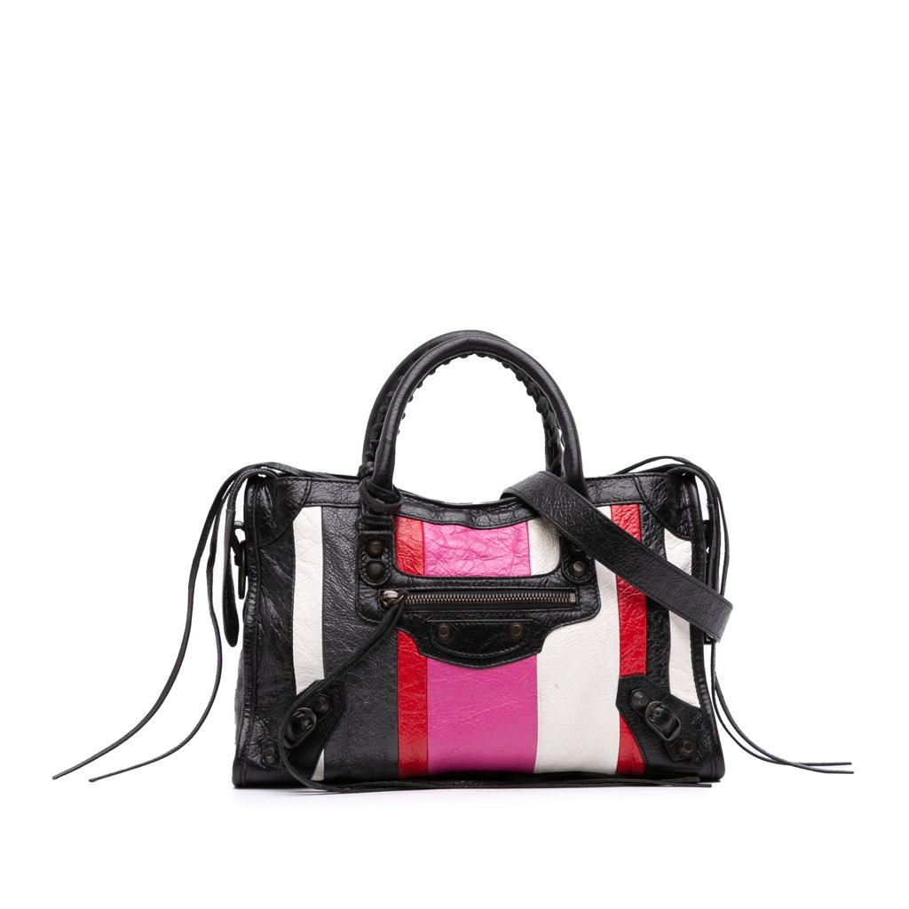 Balenciaga Small Lambskin Motocross Striped Classic City Satchel