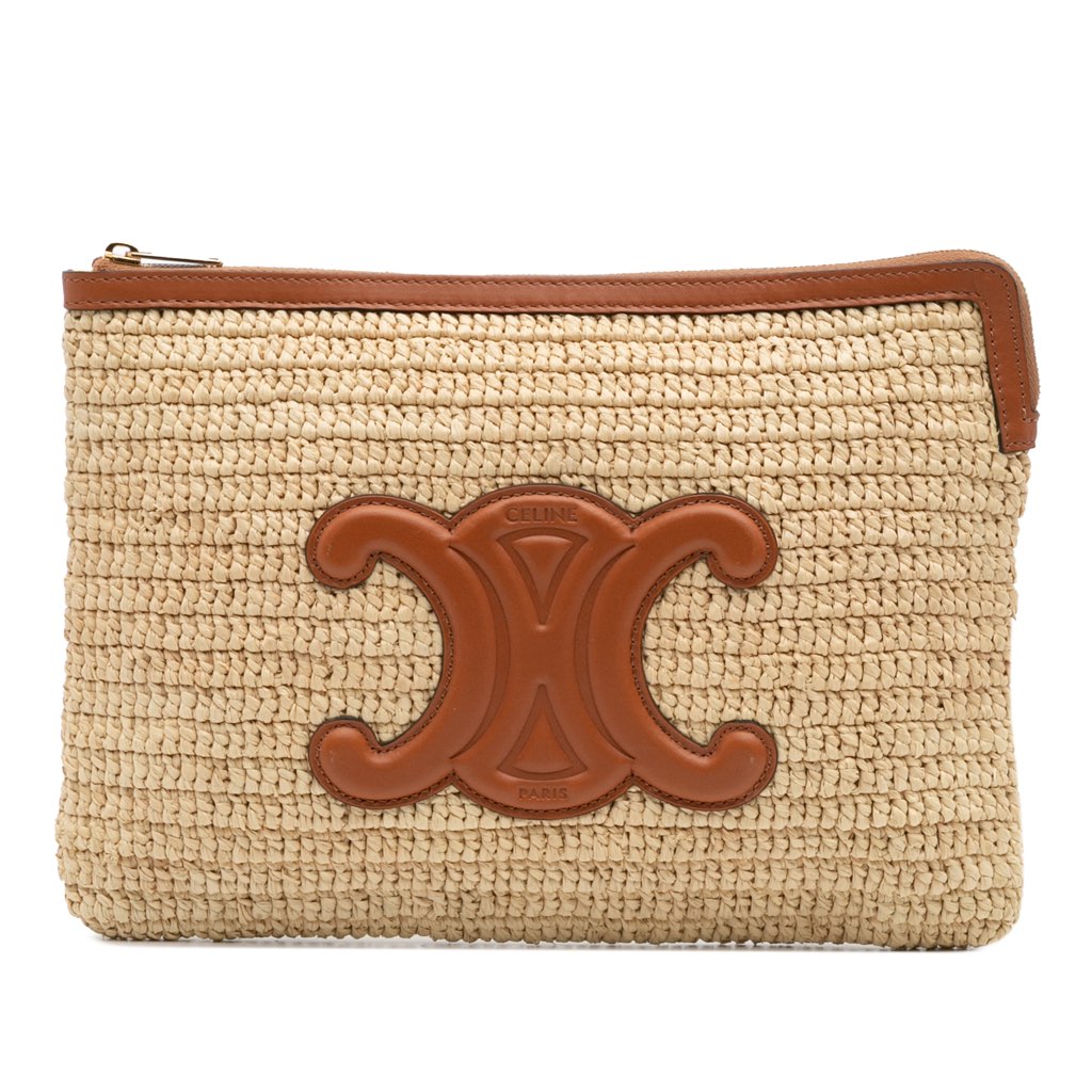 Celine Raffia Cuir Triomphe Zip Pouch