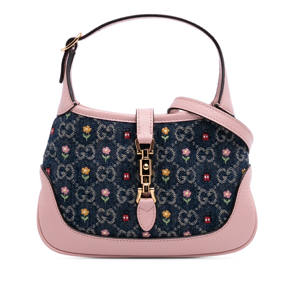 Gucci Limited Edition Mini GG Embroidered Denim Floral Jackie 1961 Crossbody