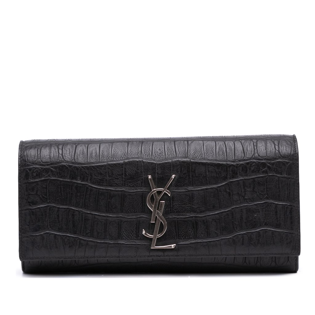 Saint Laurent Croc Embossed Leather Monogram Cassandre Clutch