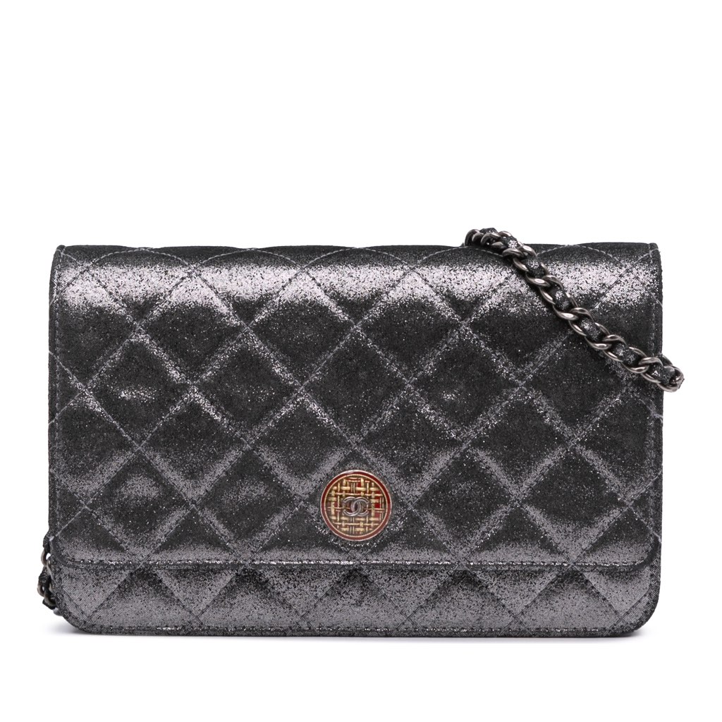 Chanel Quilted Iridescent Lambskin Tartan Button Wallet On Chain