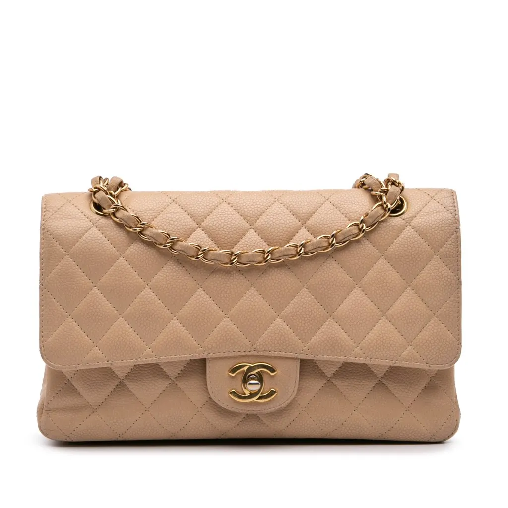 Chanel Medium Classic Caviar Double Flap Brown Leather Good - Front View