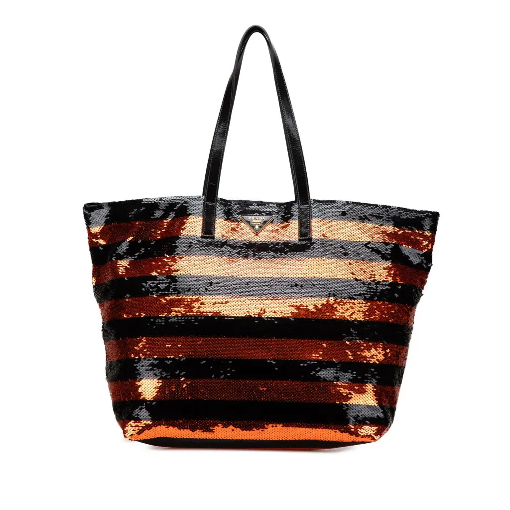 Prada Satin Sequin Stripes Tote Orange Satin Very good - Front View
