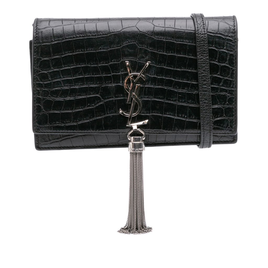 Saint Laurent Croc Embossed Leather Monogram Kate Tassel Wallet on Chain