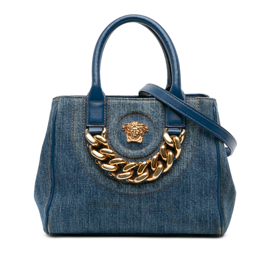 Versace Small Denim La Medusa Chain Top Handle Bag