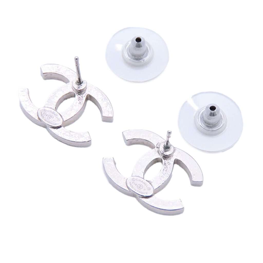 Chanel Silver Rhinestones CC Push Back Earrings - Back view