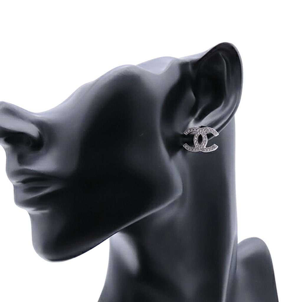 Chanel Silver Rhinestones CC Push Back Earrings - Image 10